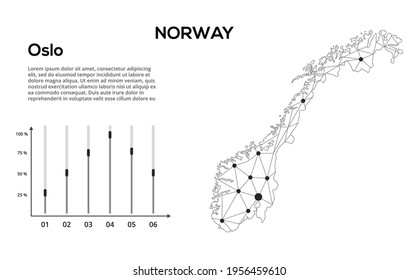 Mapa de la red de comunicaciones de Noruega. Imagen vectorial de un mapa global de baja polilla con luces de la ciudad. Mapa en forma de líneas y puntos