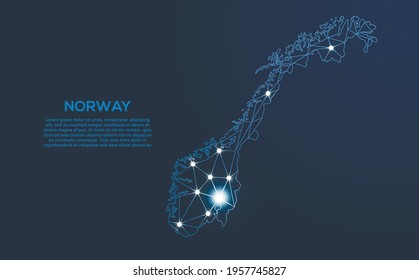 Norway communication network map. Vector low poly image of a global map with lights in the form of cities. Map in the form of a constellation, mute and stars