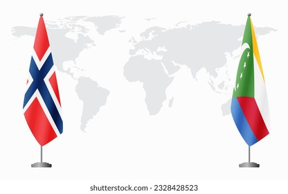 Norway and Comoros flags for official meeting against background of world map.