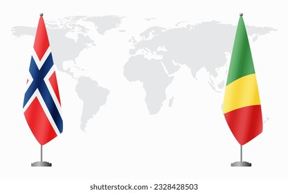 Norway and Congo Brazzaville flags for official meeting against background of world map.