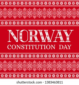 Norway Constitution Day, 17 May, illustration vector. Background with traditional folk sweater pattern from Norwegian knit embroidery ornament for banner, flyer, poster, cover, card design.