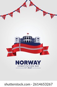 Norway Constitution Day 17 May parliament with waving flag vector poster