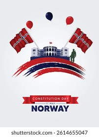 Norway Constitution Day 17 May parliament with waving flag vector poster