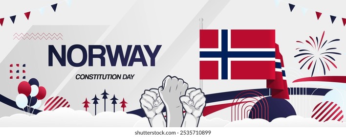 Bandeira festiva do dia da Constituição da Noruega. Fundo criativo para comemoração de férias, cartão de saudação, outdoor e cenários de eventos esportivos. 17 de maio. Feliz Dia Nacional da Noruega