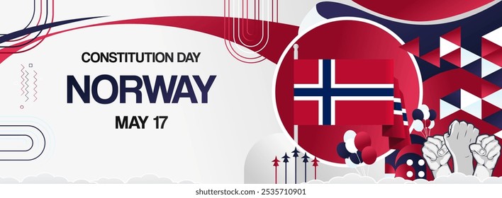 Día de la constitución de Noruega Anuncio festivo. Fondo creativo para la celebración de vacaciones, tarjeta de felicitación, valla publicitaria y fondos de eventos deportivos. 17 de mayo. Feliz Día Nacional de Noruega