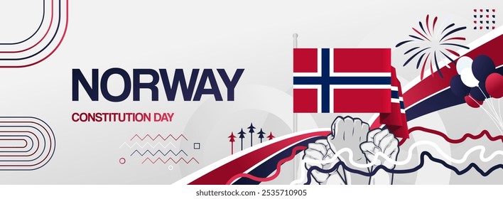 Bandeira festiva do dia da Constituição da Noruega. Fundo criativo para comemoração de férias, cartão de saudação, outdoor e cenários de eventos esportivos. 17 de maio. Feliz Dia Nacional da Noruega