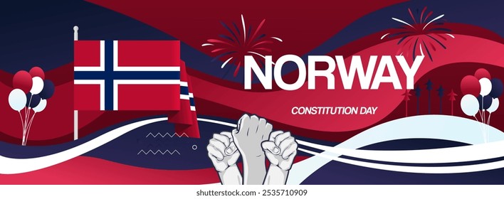 Bandeira festiva do dia da Constituição da Noruega. Fundo criativo para comemoração de férias, cartão de saudação, outdoor e cenários de eventos esportivos. 17 de maio. Feliz Dia Nacional da Noruega