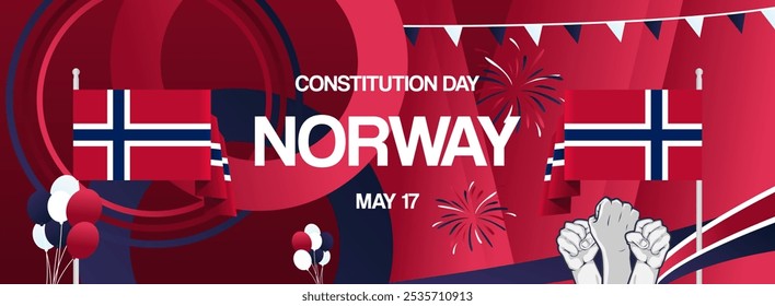 Día de la constitución de Noruega Anuncio festivo. Fondo creativo para la celebración de vacaciones, tarjeta de felicitación, valla publicitaria y fondos de eventos deportivos. 17 de mayo. Feliz Día Nacional de Noruega