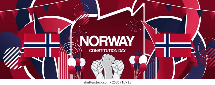 Día de la constitución de Noruega Anuncio festivo. Fondo creativo para la celebración de vacaciones, tarjeta de felicitación, valla publicitaria y fondos de eventos deportivos. 17 de mayo. Feliz Día Nacional de Noruega