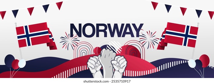 Bandeira festiva do dia da Constituição da Noruega. Fundo criativo para comemoração de férias, cartão de saudação, outdoor e cenários de eventos esportivos. 17 de maio. Feliz Dia Nacional da Noruega