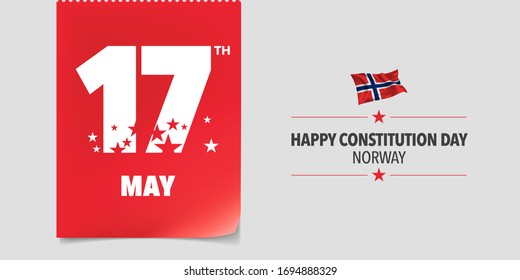 Norway constitution day greeting card, banner, vector illustration. Norwegian national day 17th of May background with elements of flag in a creative horizontal design