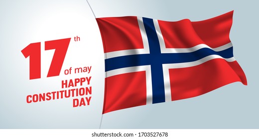 Tarjeta de saludo del Día de la Constitución de Noruega, pancarta, ilustración vectorial. Fiesta noruega 17 de mayo elemento de diseño con bandera 3D ondeada en un asta como símbolo de independencia