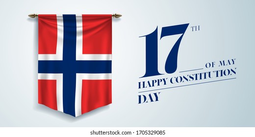 Tarjeta de saludo del Día de la Constitución de Noruega, pancarta, ilustración vectorial. Día nacional noruego 17 de mayo antecedentes con pennon