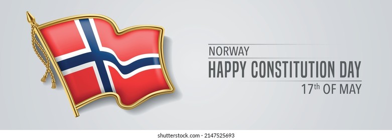 Norway constitution day greeting card, banner with template text vector illustration. Norwegian memorial holiday 17th of May design element with 3D flag with cross