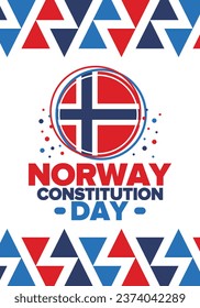 Norway Constitution Day. Happy holiday, celebrated annual in May 17. Norwegian flag. Norway independence and freedom. Patriotic poster. Festive and parade design. Vector illustration