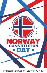 Norway Constitution Day. Happy holiday, celebrated annual in May 17. Norwegian flag. Norway independence and freedom. Patriotic poster. Festive and parade design. Vector illustration