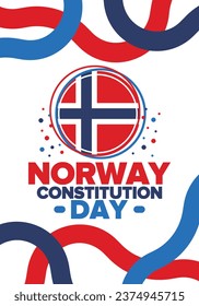 Norway Constitution Day. Happy holiday, celebrated annual in May 17. Norwegian flag. Norway independence and freedom. Patriotic poster. Festive and parade design. Vector illustration