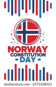 Norway Constitution Day. Happy holiday, celebrated annual in May 17. Norwegian flag. Norway independence and freedom. Patriotic poster. Festive and parade design. Vector illustration