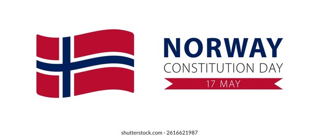 Norway Constitution Day, simple minimalist web banner design. Text Norway Constitution Day, 12 may and Norwegian flag isolated on white background.