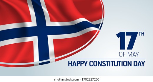 Norway constitution day vector banner, greeting card. Norwegian wavy flag and sign with date in 17th of May national patriotic holiday horizontal design