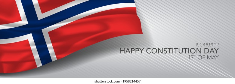 Norway constitution day vector banner, greeting card. Norwegian wavy flag in 17th of May national patriotic holiday horizontal design