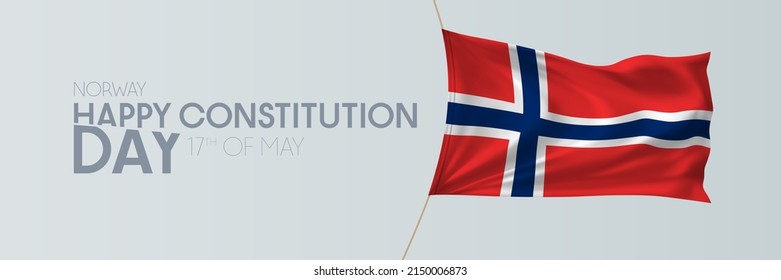 Norway constitution day vector banner, greeting card. Norwegian wavy flag in 17th of May national patriotic holiday horizontal design