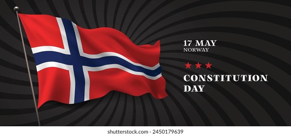 Norway constitution day vector banner, greeting card. Norwegian wavy flag in 17th of May national patriotic holiday horizontal design