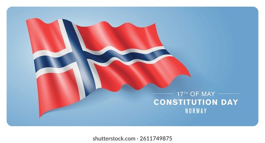 Norway constitution day vector banner, greeting card. Norwegian wavy flag in 17th of May patriotic holiday horizontal design with realistic flag