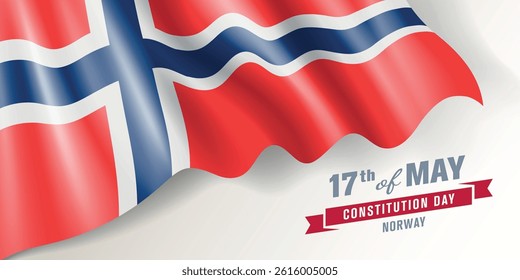 Norway constitution day vector banner, greeting card. Norwegian wavy flag in 17th of May national patriotic holiday horizontal design