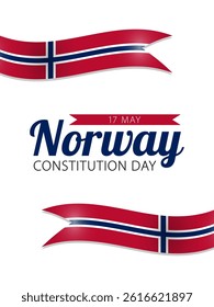Norway Constitution Day, vector design for card, poster or banner. Text Norway Constitution Day, 17 may in the middle of Norwegian flags isolated on white background.