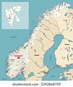 Norway counties and municipalities high detailed vector map with neighbouring countries and territories