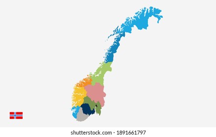 Ilustración vectorial de Noruega - Mapa noruego dividido por condado en diferentes colores.
