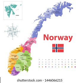 Norway counties vector map, colored by regions