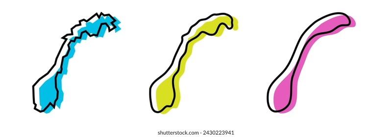 Norway country black outline and colored country silhouettes in three different levels of smoothness. Simplified maps. Vector icons isolated on white background.