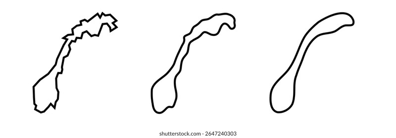 As silhuetas do contorno preto do país da Noruega em três níveis diferentes de suavidade. Mapas simplificados. Ícones de vetor isolados no plano de fundo branco.