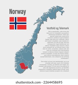 Norway country - high detailed illustration map divided on regions. Blank Norway map isolated on white background. Vector template region Vestfold Telemark for website, pattern, infographic, education