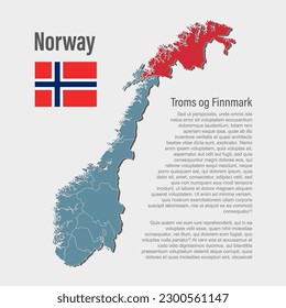 Norway country - high detailed illustration map divided on regions. Blank Norway map isolated on background. Vector template region Troms og Finnmark for website, pattern, infographic, education