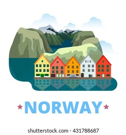 Norway country magnet design template. Flat cartoon style historic sight showplace web site vector illustration. World vacation travel sightseeing Europe European collection. Preikestolen Bryggen. 