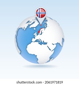 Norway - country map and flag located on globe, world map. 3D Vector illustration