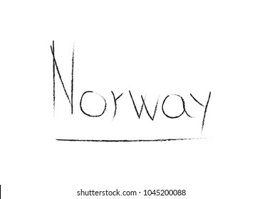 Norway, country name written on white surface. Hand written charcoal lettering calligraphy. Black charcoal letters. Vector text design. Typography poster