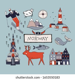 Norway culture elements set. Hand drawn vector illustration of Nordic symbols in doodle style. Lighthouse, whale, deer, fjord, scandinavian house, church, viking helmet. Travel Scandinavia concept