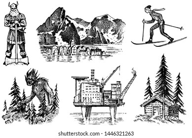 Norway culture. Set of national symbols. Viking and mountains, skier and architecture, oil production and a house in the woods, and fabulous goblin. Hand drawn engraved sketch in vintage style.