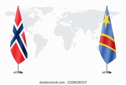 Norway and Democratic Republic of Congo flags for official meeting against background of world map.