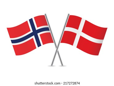 Norway and Denmark crossed flags.  Norwegian and Danish flags on white background. Vector icon set. Vector illustration.