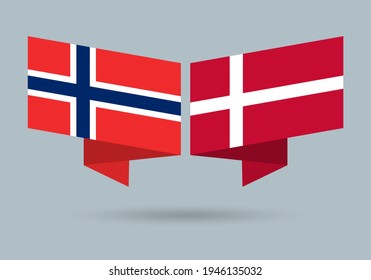 Norway and Denmark flags. Norwegian and Danish national symbols. Vector illustration.