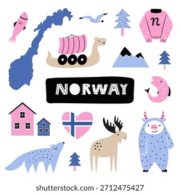 Norwegisches Design mit Symbolsatz. Nette norwegische Symbole, Naturelemente und Kartenvektoren für Aufkleber, Prints, Reisedesigns, Souvenirs