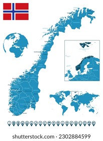 Norway - detailed blue country map with cities, regions, location on world map and globe. Infographic icons. Vector illustration