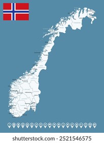 Noruega - mapa detalhado azul do país com cidades e regiões. Ícones infográficos. Ilustração vetorial