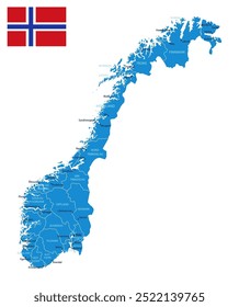 Noruega - mapa detalhado azul do país com cidades e regiões. Ilustração vetorial.