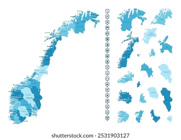 Noruega - mapa detalhado do país em cores azuis, dividido em regiões. Ícones infográficos. Ilustração vetorial.